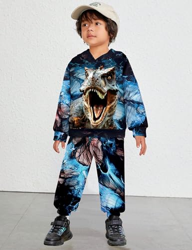 Image of Boys Clothes, T-Rex Print Dinosaur Boy Clothes Fall Winter Outfits Long-sleeved Hooded Sweatshirt Pants 2Pcs Set