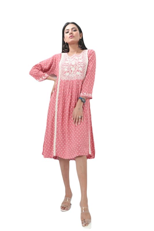 ZOE Cotton Blend Western Floral Round Neck Maxi Dress for Women