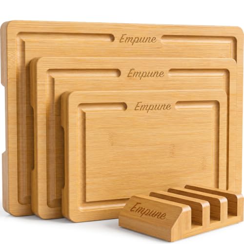 Image of Bamboo Cutting Boards for Kitchen, 3 Piece Extra Thick Cutting Board Set with Juice Groove, Deep Carbonized Bamboo Chopping Board, Reversible Wood Cutting Board for Meat, Charcuterie & Serving