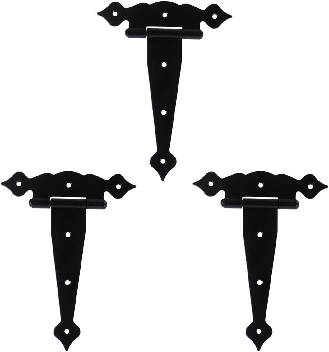 3pcs Shaped Rustproof Door Hinges Heavy Duty Decorative Strap Hinges for Gates Sheds Fences Windows with Rotation Easy Install Black Finish