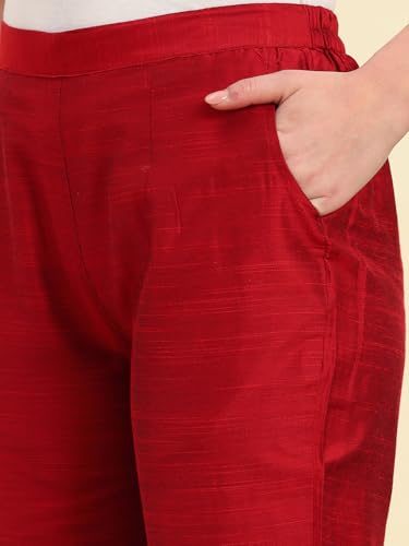 Image of Vogaan Women's Cotton Silk Pant | Half-Elasticated Waist Slim Fit Trouser for Women | Casual Pocket Pants for Office Formal Daily Use