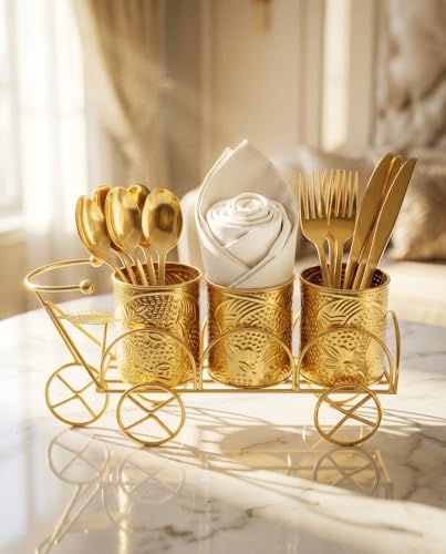 Image of Metal 3-Compartment Cutlery & Tissue Holder | Galvanized Gold Finish Spoon Fork Stand for Dining Table & Kitchen | Multi-Purpose, cutlery set for dining table , Forks, Knives & Napkins,cutlery holder