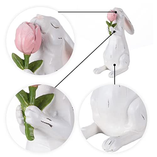 Valery Madelyn Easter Bunny Decorations For Home, Large White Couple Rabbits Figurine With Flowers, 2Pcs Cute Easter Gifts Resin Statues For Spring Home Indoor Holiday Party Table Centerpieces, 8-9.6" #TOP5