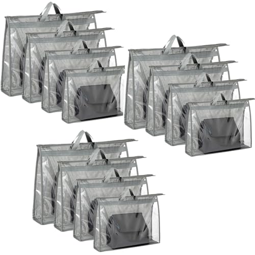 NROZIET 12 Packs Dust Bags for Handbag, Clear Purse Storage Organizer Bag for Closet with Zipper and Handle, 4 Size Hanging Dust Cover Bag for Purse Crafts Protector