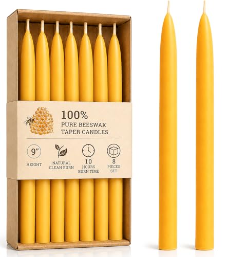 MOSROAD Beeswax Taper Candles 9 Inch 8 Pack Unscented Yellow