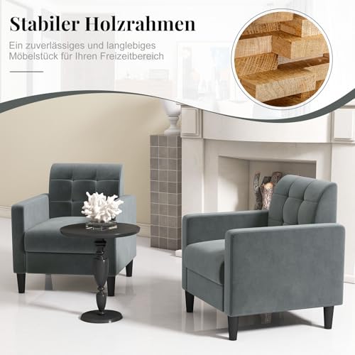 COSTWAY Relaxsessel modern, Fernsehsessel aus Samt im Mid-Century-Stil, gepolsterter Sessel mit getufteter Rückenlehne, Armlehnen & Holzbeine für Wohnzimmer Heimbüro Schlafzimmer (grau) – Bild 6