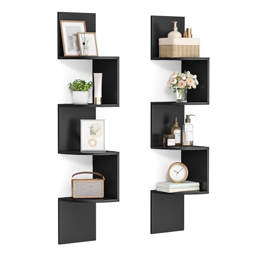 Image of VASAGLE CUSTOS Collection - Set of 2 Corner Shelves Wall Mount, 4-Tier Floating Corner Bookshelves, Plant Shelves for Bedroom, Living Room, Bathroom, Home Office, Ink Black ULBC704BC01S