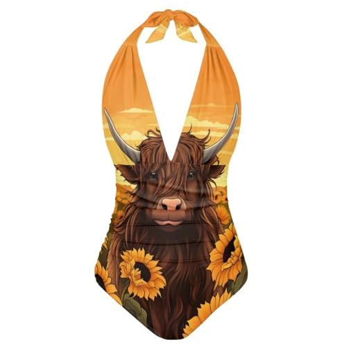 HELLHERO Costume da bagno intero da donna con controllo della pancia, costume da bagno con scollo all'americana, Mucca delle Highland, XL