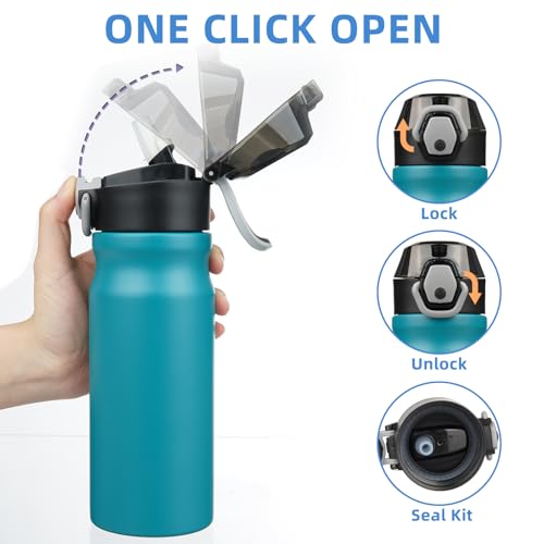 Image of BJPKPK 18 oz Water Bottle with Straw & Handle, Insulated Stainless Flask | Leak Proof Locking Lid, Thermal, Double Wall Vacuum, Keeps Hot /Cold, BPA Free, Dishwasher Safe, Travel & Sports, Laguna