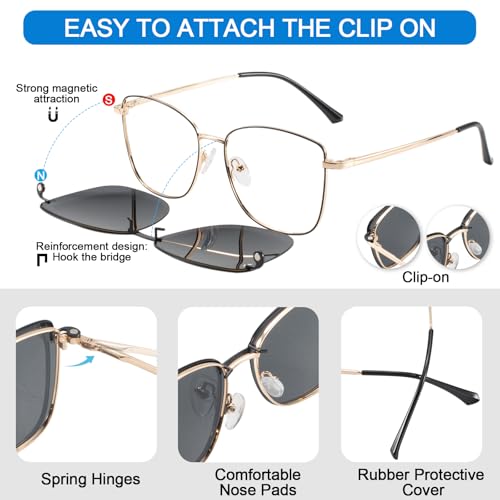 Image of Women's Large Blue Light Blocking Glasses plus Magnetic Sunglasses Clip, Easy to Switch to Shades for Driving