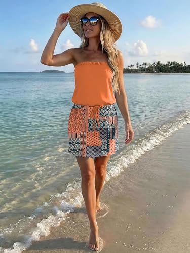 Image of SAUKOLE Summer Dress for Women Strapless Beach Cover Ups Boho Sundress Mini Dress Drawstring Waist with Pockets