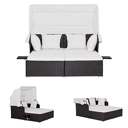 LIFEZEAL Chaise Longue Bain de Soleil à 2 Places, Canapé-lit de Jardin Extérieur avec Pare-Soleil, Transat en Rotin PE avec Coussin et Petite Table Basse,...