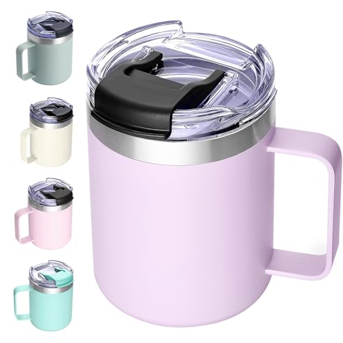 Image of 12oz Insulated Coffee Mug Cup with Handle, Stainless Steel Travel Coffee Mug with Flip Lid, Double Wall Vacuum Coffee Tumbler,Lavender