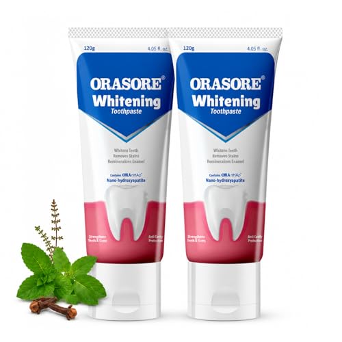 Image of Orasore Whitening Toothpaste 120gm with nHAp | Peroxide-Free | Enamel Remineralizer | Natural Extracts to Reduce Sensitivity, Fight Cavities & Remove Gum Diseases (Pack of 2)