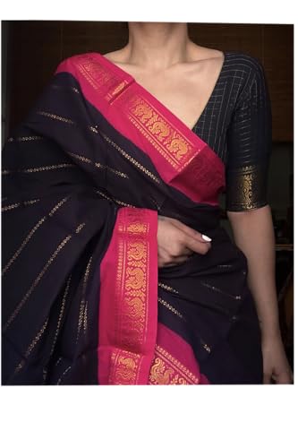 Image of Madurai Sungudi Cotton - 6 Yard Dye and Tie Velthari Contrast Color Combination Double Side Gold Kanchi Zari Border (Seprate Matching Blouse)