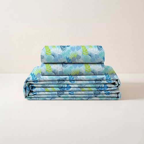 Image of LANE LINEN Symphony | 100% Cotton Sheet Set | Soft & Breathable Fabric | 3 Piece (1 Bedsheet + 2 Pillow Covers) | Double Bed Sheet Set - Pacific Blue Leaf Print