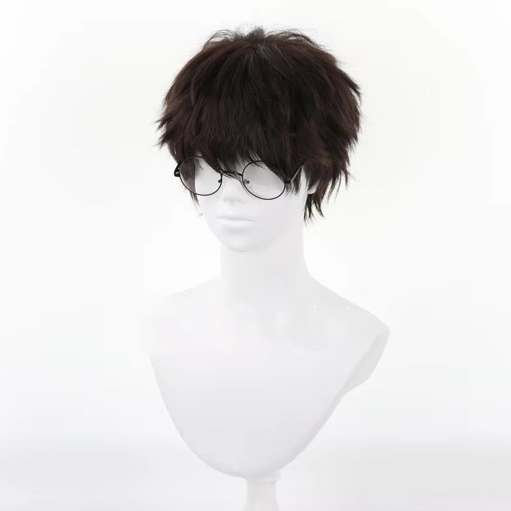Haarpflege Herren-Cosplay-Perücke Kurz Dunkelbraun Hitzebeständig Volles Haar Mit Brille(Wig and glasses)