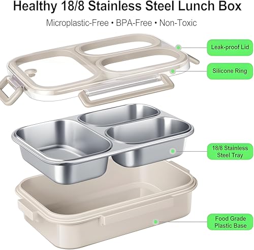 Image of Motka Premium 1000 ml 2-Compartment Bento Lunch Box | Stainless Steel Slim Tiffin | Leak-Proof Container| BPA & Odour-Free| Durable & Dishwasher Safe | Ideal for Office, Travel & School (Beige)