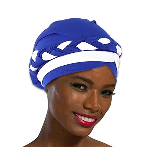 Woeoe Braid African Turban Blue Pre-Tied Head Wrap Soft Elastic Head Scarf Stretch Beanie Cap Headwear For Women And Girls(Blue+White) #TOP1