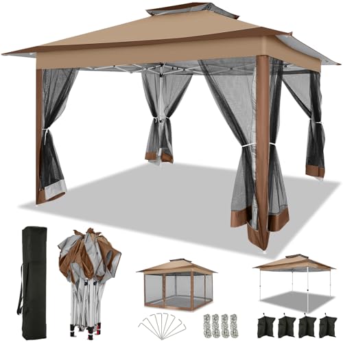 Image of COBIZI 12x12 Pop up Gazebo on Clearance Canopy Tent, carpas para Patio, Outdoor Canopy with Portable Carrying Bag for Vendor, Outdoor Patio Gazebo for Garden, Backyard,Beach, Brown