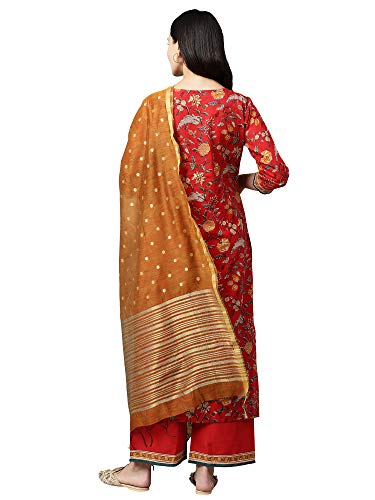 Image of INDO ERA Women's Pure Cotton Printed Straight Kurta with Pant & Dupatta Set (Red IE17KD0RD1869)