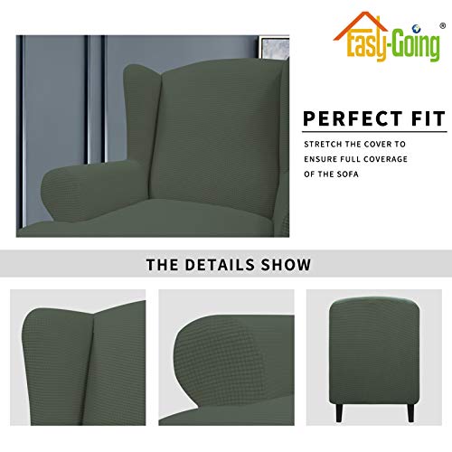 Image of Easy-Going Stretch Large Wingback Chair Sofa Slipcover Olive Green | 1-Piece Sofa Cover Furniture Protector Couch Soft with Elastic Bottom, Spandex Jacquard Fabric Small Checks