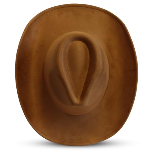 Wildflowers and Barley – Plain Wide Brim Cowboy Hat – Vegan Suede Look, Rancher Crown Western Style w/Adjustable Drawstring Fit, Classic Boho Festival Fashion for Men & Women – 100% Polyester – Camel