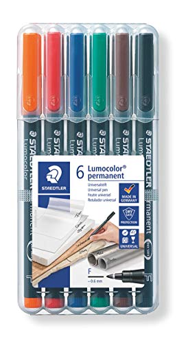 Staedtler Lumocolor Universal Pen Fine Felt Tip Permanent Marker Box of 6 Assorted Color Pens 06mm 318 WP6