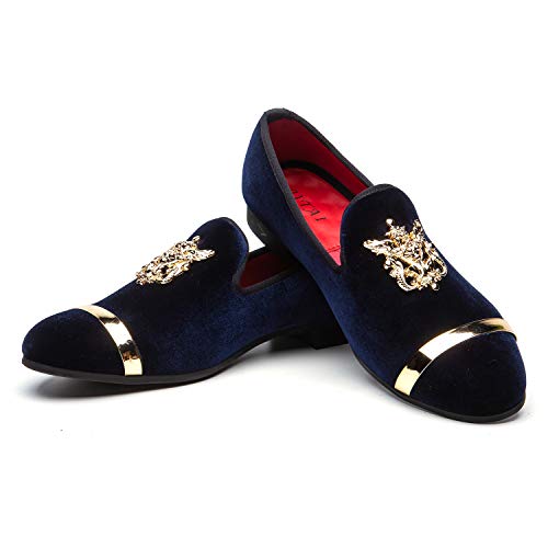 Image of Men Genuine Leather Mens Metallic Textured Slip-on Glitter Loafers Shoes, Blue/02, 9.5 US