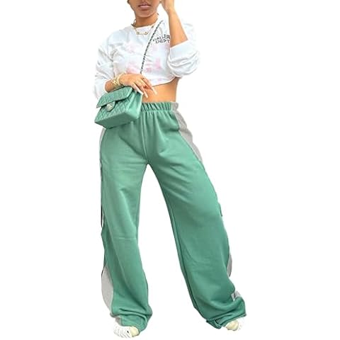 magorange Women Fleece Lined Sweatpants Elastic High Waist Color Block Baggy Wide Leg Pants Club Outfits Green Cover