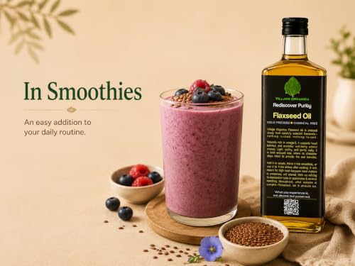 Image of Village-Organica Cold Pressed Flaxseed (Alsi) Oil | 250 ml | Pure & Unrefined | Omega-3 Rich Linseed Oil | Cold Extracted & Packed in Premium Glass Bottle