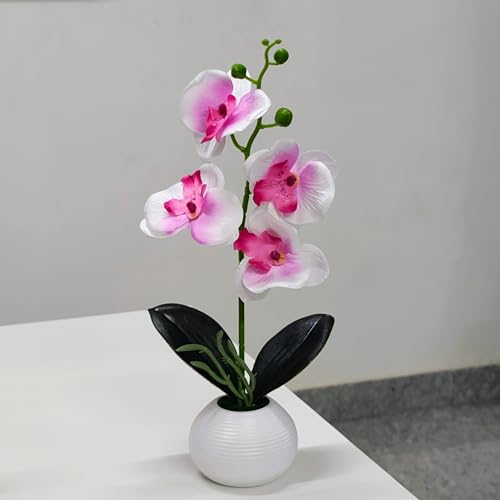 Image of CURATED CART Flower Pot with Artificial Flowers - Orchid Pink & White Flower with White Vase | Ideal for Home Decor | Office Decor | Gifting | Size 36 x 9cm