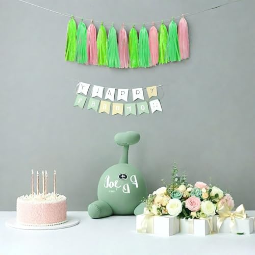 Image of Green Light Green and Pink Tassel Garland Banner Paper Tassels for Party Decorations,Pack of 15