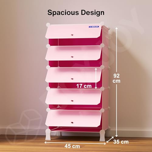 Image of BOXJOY 5 Shelf Plastic Shoe Rack with 5 Doors & 5 Hook Steel Holder (Pink) | Shoes Stand Organiser with Feet, Metal Frame Door & Wooden Hammer for Home Storage to Cover Chappal Slipper Sandals