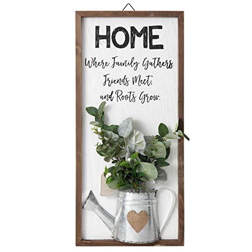 TERESA'S COLLECTIONS Farmhouse Home Sign, Wooden Rustic Wall Decor, Vertical Hanging Family Wall Art Plaque, Gather Sign with Artificial Eucalyptus for Dining Room Decor, Entry, Kitchen, 21 x 10 inch