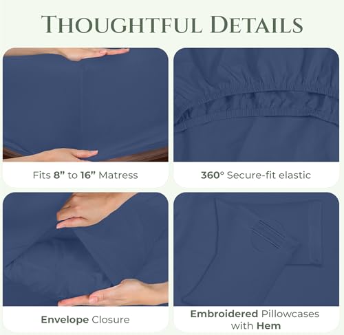 Image of ROYALE LINENS 100% Organic Cotton King Sheet Set - 16 inch Deep Pocket Bed Sheets - Eco Friendly Navy Bed Sheets - Sabanas King - 1 Flat, 1 Fitted & 2 Pillowcases - Navy Sheet Set - Cotton Bedding Sets