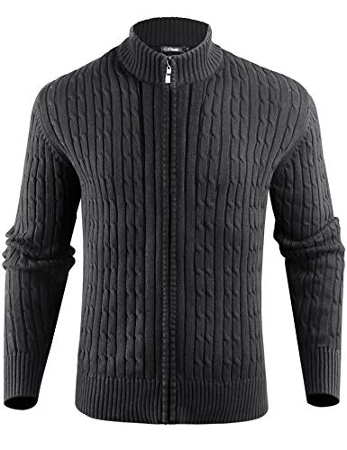 iClosam Mens Long Sleeve Full-Zip Stand Collar Cable Knitted Cardigan Sweater Dark Grey