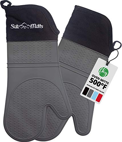 Silicone Oven Mitts Heat Resistant 500 Degrees - 2 Extra Long Silicone Oven Mitt Pot Holders - Food Safe Oven Gloves - BPA Free - Soft Inner Lining - Frux Sili Mitts Gray
