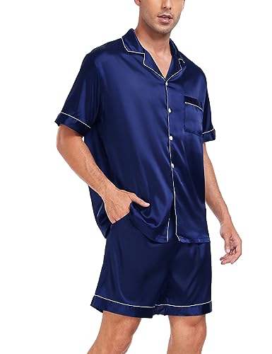 Image of SWOMOG Men Satin Silk Pajamas Sets Short Sleeve Sleepwear Button-Down PJs Sets Two-Pieces Loungewear with Pockets
