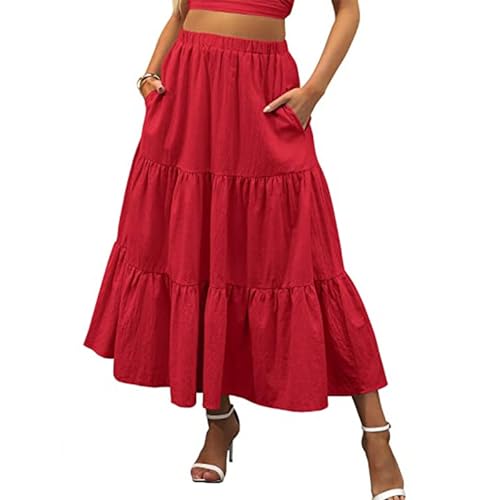 Women's High Waist Tiered Maxi Skirt, Elastic Waistband, A-Line Design with Pockets, Flowy Summer Beach Style
