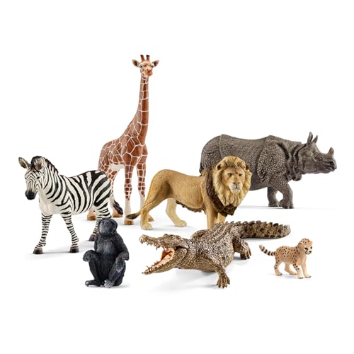 Schleich Wild Life - 7 PC Safari Animals Figurines Set with Lion, Giraffe, Zebra, Monkey, Rhino, Cheetah Cub Toys - Realistic Animal Figures Playset for Boys and Girls Ages 3+ - 77587