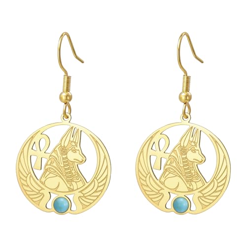 Pendientes egipcios de Anubis Ankh Cruz Diosa Isis Ala Escarabajo Wicca Pagano Piedra preciosa Poder mágico Amuleto Antiguo Egipto Dios Mitología Joyería Regalo (Oro)