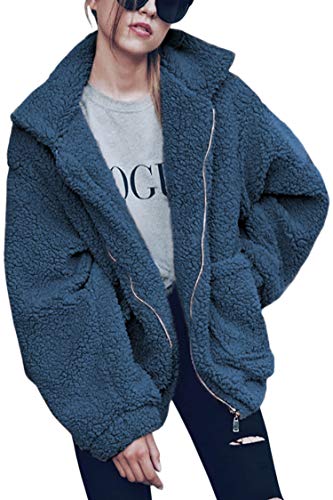 Opiniones y reviews de Chaqueta pelo azul comprados en linea. 29 ECOWISH - chamarra de invierno para mujer, forro polar de piel de manga larga, sherpa de pelo sintético, mullido, otoño, peluche, con cierre esponjoso, con solapa, Azul, L