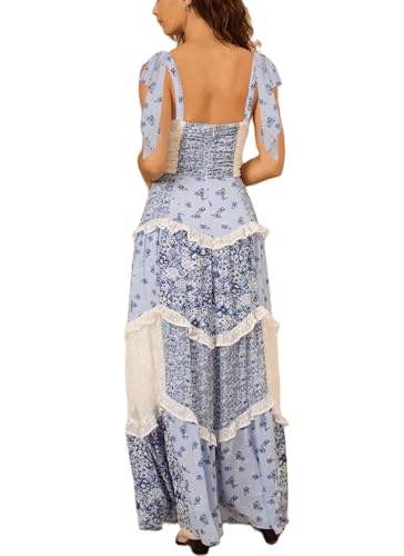 Image of SOOKABEILA Women Y2k Boho Maxi Dress Floral Lace Sheer Tiered Flowy Cami Long Dress 2025 Summer Smocked Beach Sundress
