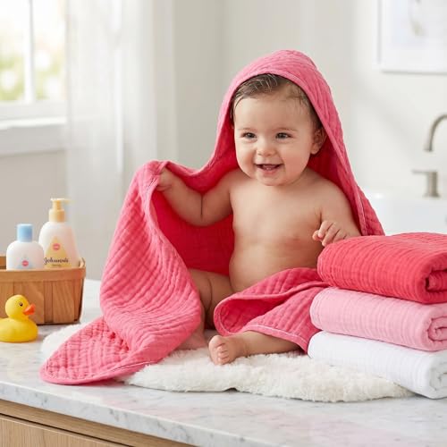 Image of Peryiter 4 Pcs Muslin Hooded Baby Towels, 32 inchx 32 inch Cotton Newborn Bath Towel Muslin Infant Baby Blankets Absorbent Unisex Newborn Registry Gift Essentials for Girls Boys (Warm Colors)