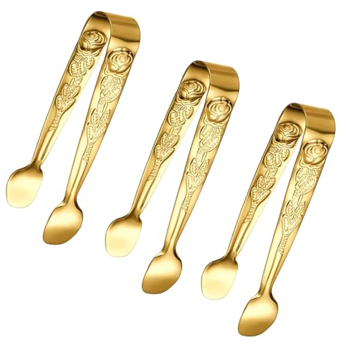 3PCS Mini Serving Tongs, 4Inch Rose Stainless Steel Sugar Cube Tongs, Sliver Small Ice Tong for Tea and Coffee Party, Appetizers, Desserts by Sunenlyst (Gold)
