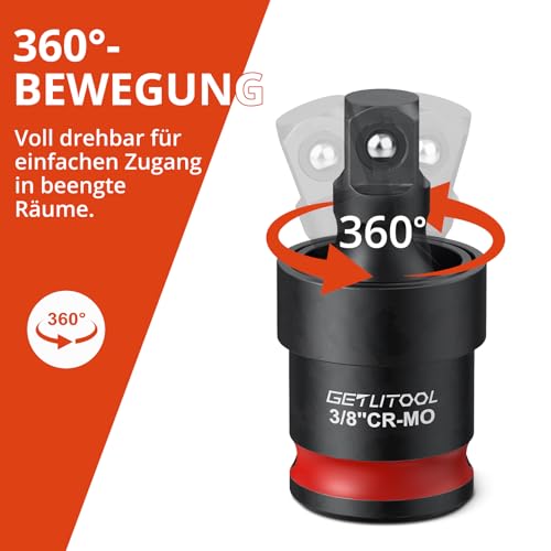 GETLITOOL Kraft-Kugelgelenk 3tlg, Kreuzgelenk-Gelenksatz 1/2 3/8 1/4 Zoll, 360° Drehgelenk, Cr-Mo-Stahl Schlagschrauber Gelenk mit Kugelfeder für Drehmomentschlüssel Bohrmaschine Steckschlüssel