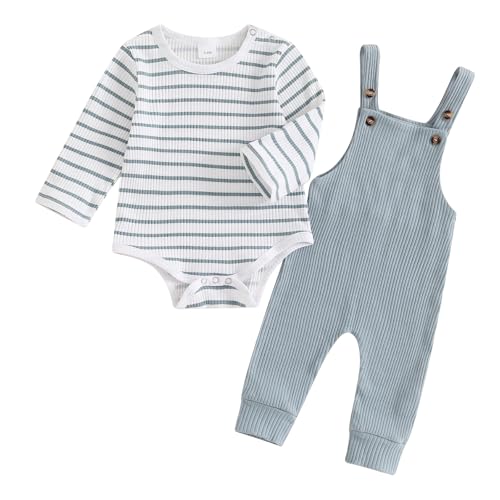 Image of VISGOGO Newborn Baby Boy Clothes 0 3 6 12 18 Month Infant Boy Overalls Outfits Bodysuit Fall/Winter Stripe Romper Pants (Blue, 0-3 Months)