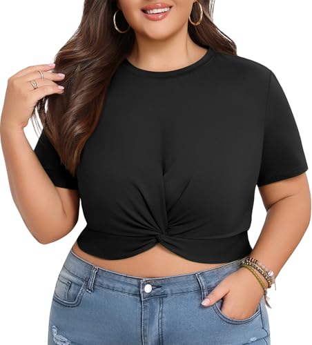 Lastshe Women's Plus Size Summer Crop Tops Short Sleeve Blouses Tie Twist Front Tee T-Shirt Outfits4