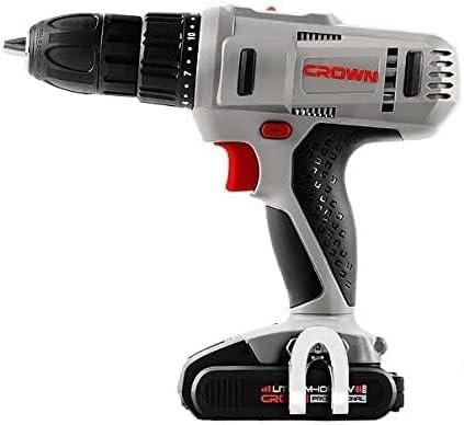 Lado view of the Crown CT21056LBMC Cordless Drill Driver, highlighting the chuck, torque collar, speed selector, and trigger.
